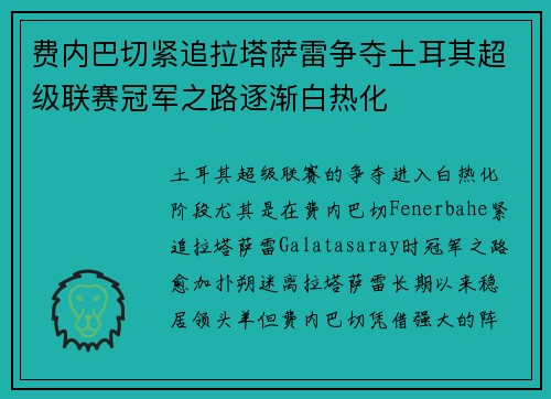 费内巴切紧追拉塔萨雷争夺土耳其超级联赛冠军之路逐渐白热化 费内巴切紧追拉塔萨雷争夺土耳其超级联赛冠军之路逐渐白热化